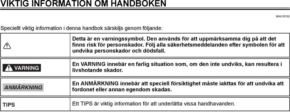 Följ alla säkerhetsmeddelanden efter symbolen för att undvika personskador och dödsfall.