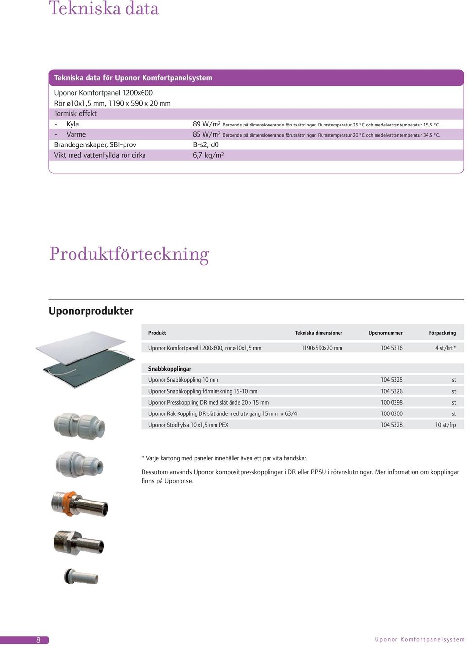 Brandegenskaper, SBI-prov B-s2, d0 Vikt med vattenfyllda rör cirka 6,7 kg/m 2 Produktförteckning Uponorprodukter Produkt Tekniska dimensioner Uponornummer Förpackning Uponor Komfortpanel 1200x600,