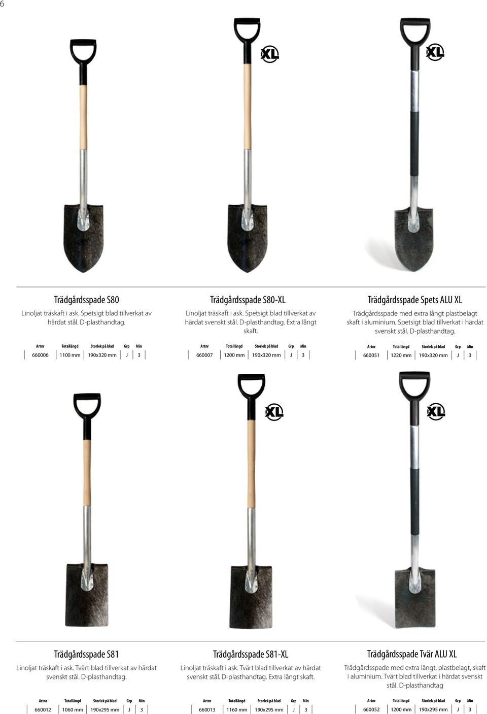 660006 1100 mm 190x320 mm J 3 660007 1200 mm 190x320 mm J 3 660051 1220 mm 190x320 mm J 3 Trädgårdsspade S81 Trädgårdsspade S81-XL Trädgårdsspade Tvär ALU XL Linoljat träskaft i ask.