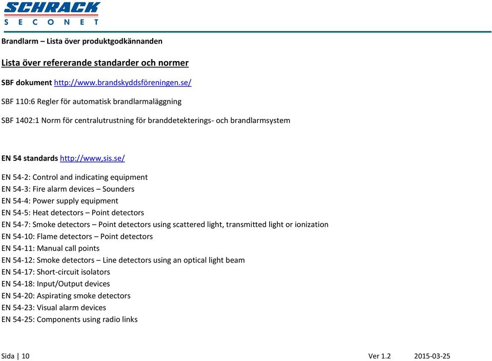se/ EN 54-2: Control and indicating equipment EN 54-3: Fire alarm devices Sounders EN 54-4: Power supply equipment EN 54-5: Heat detectors Point detectors EN 54-7: Smoke detectors Point detectors