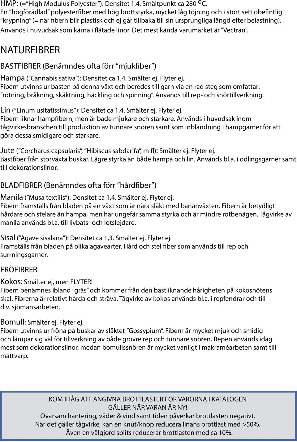 Används i huvudsak so kärna i flätade linor. Det est kända varuärket är Vectran. NATURFIBRER BASTFIBRER (Benändes ofta förr jukfiber ) Hapa ( Cannabis sativa ): Densitet ca 1,4. Sälter ej. Flyter ej.