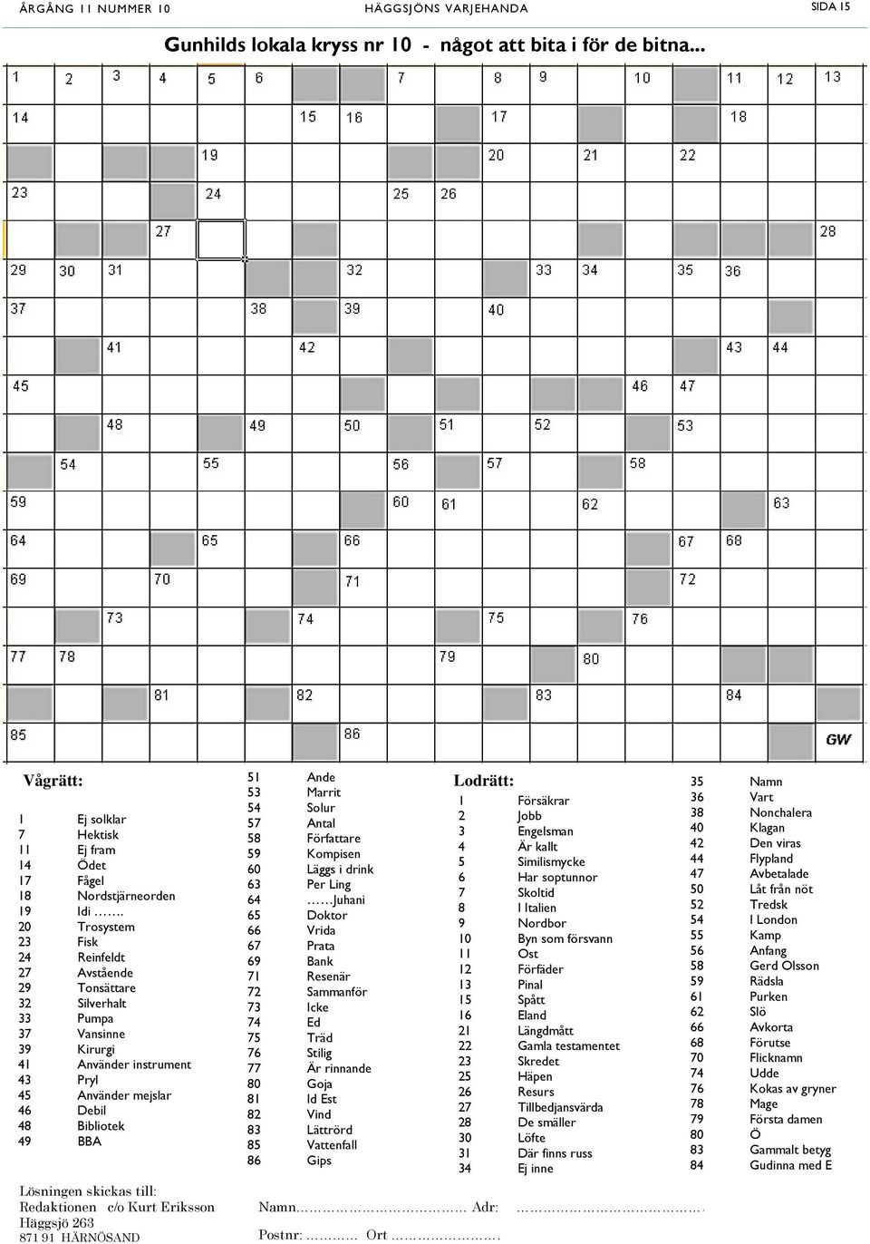 skickas till: Redaktionen c/o Kurt Eriksson Häggsjö 263 871 91 HÄRNÖSAND 51 Ande 53 Marrit 54 Solur 57 Antal 58 Författare 59 Kompisen 60 Läggs i drink 63 Per Ling 64 Juhani 65 Doktor 66 Vrida 67