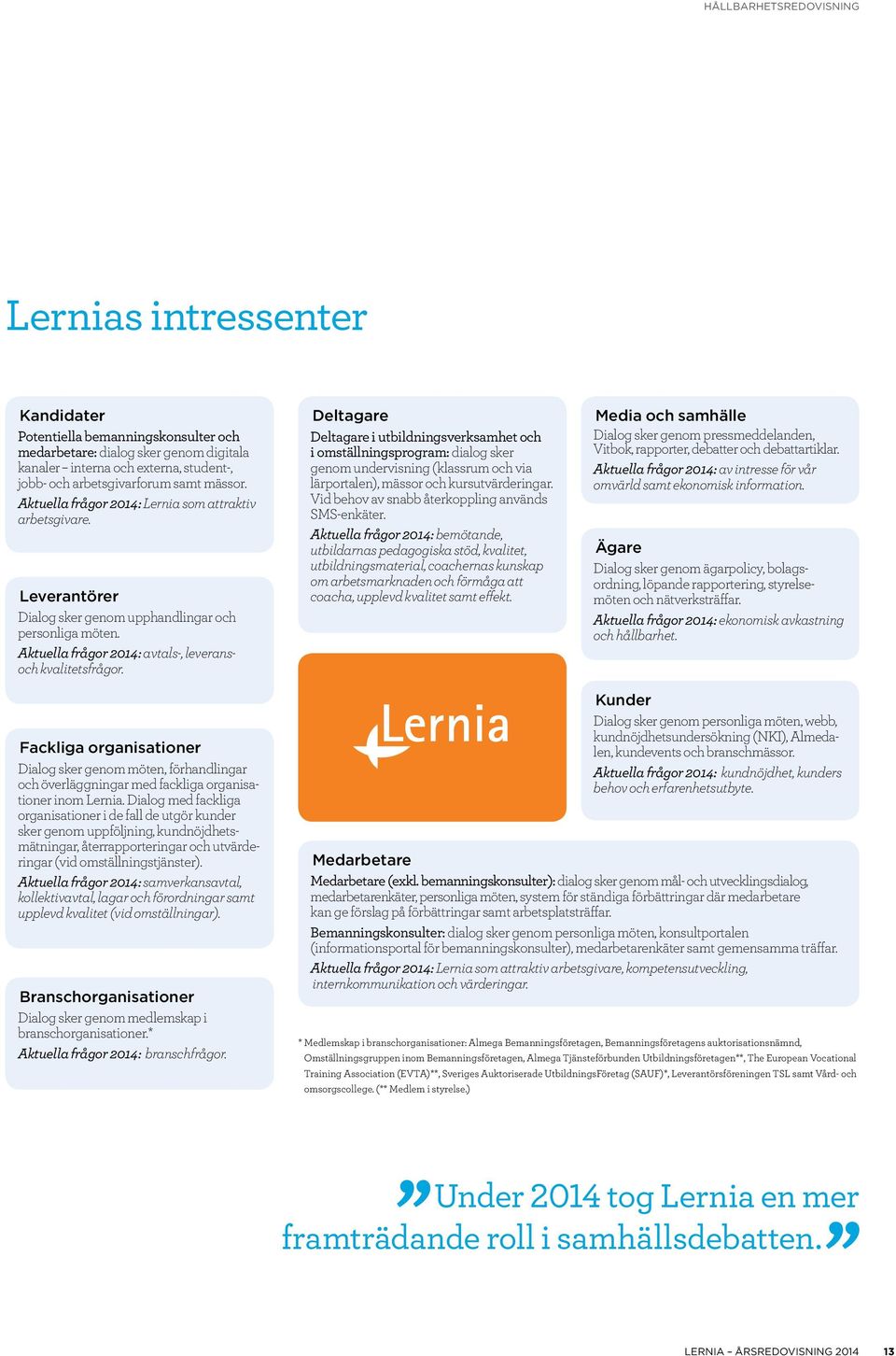 Deltagare Deltagare i utbildningsverksamhet och i omställningsprogram: dialog sker genom undervisning (klassrum och via lärportalen), mässor och kursutvärderingar.