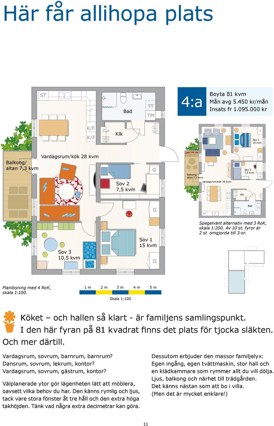 kvm Spegelvänt alternativ med 3 RoK, skala 1:200. Av 10 st. fyror är 2 st omgjorda till 3:or. Planlösning med 4 RoK, skala 1:100.