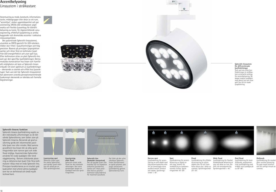 exklusiva restaurangmiljöer. Det patenterade Spherolit-linssystemet, utvecklat av ERCO speciellt för LED-tekniken, tillåter stor frihet i ljusutformningen och hög precision.
