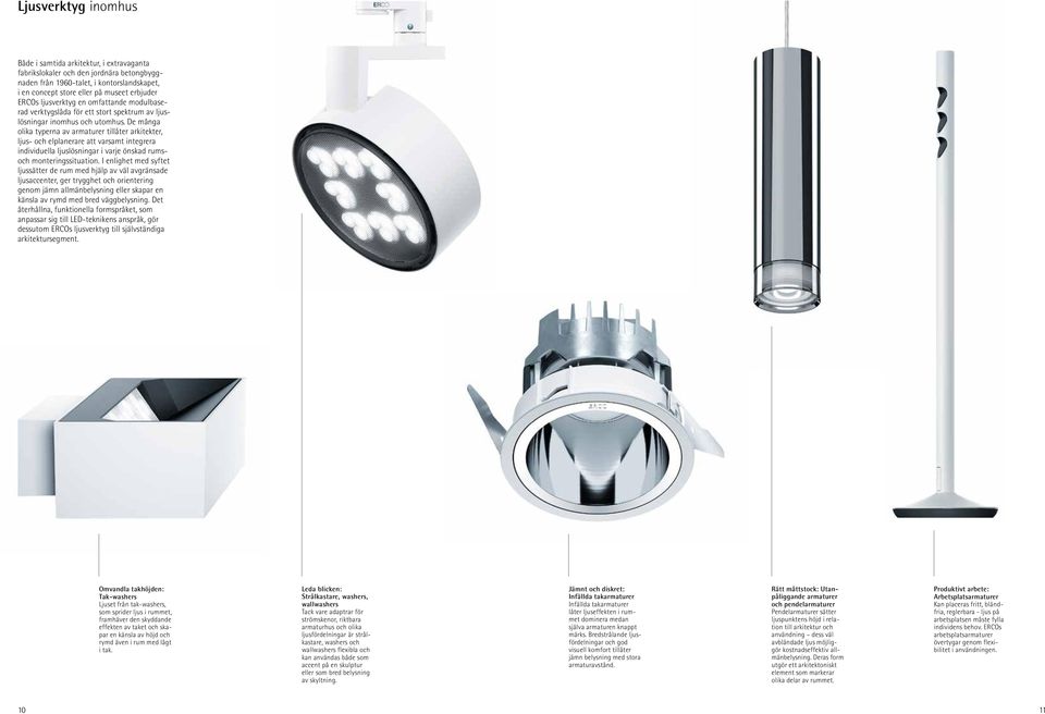 De många olika typerna av armaturer tillåter arkitekter, ljus- och elplanerare att varsamt integrera individuella ljuslösningar i varje önskad rumsoch monteringssituation.