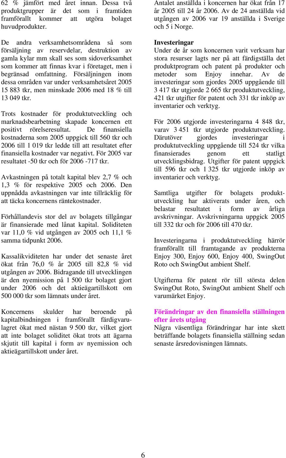 Försäljningen inom dessa områden var under verksamhetsåret 2005 15 883 tkr, men minskade 2006 med 18 % till 13 049 tkr.