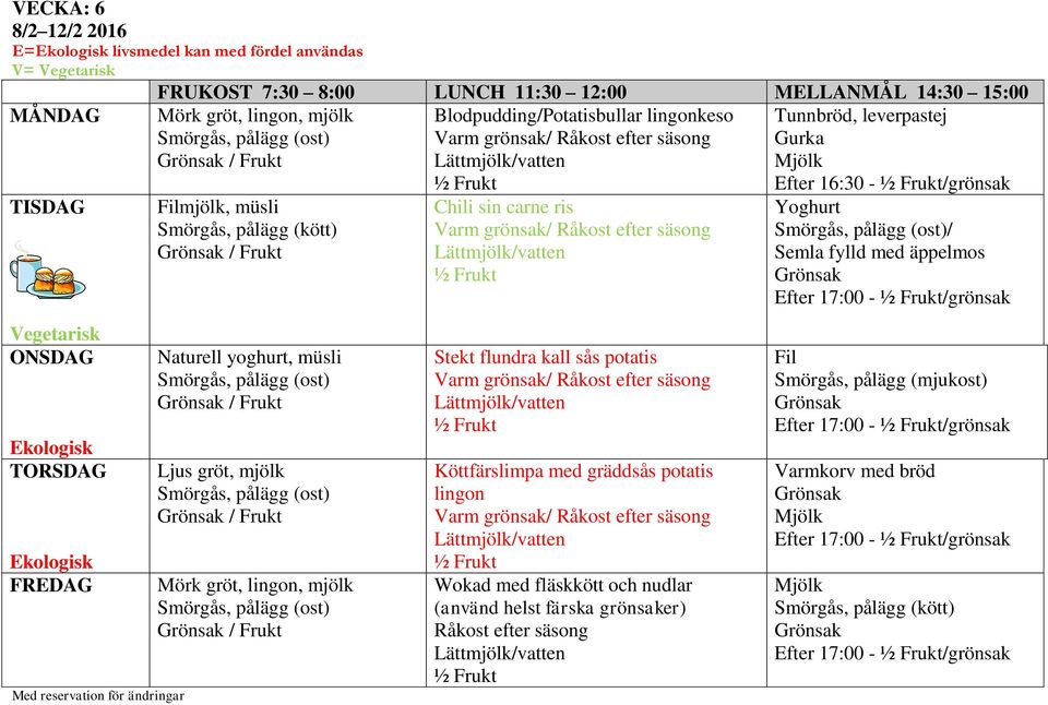 Stekt flundra kall sås potatis Köttfärslimpa med gräddsås potatis lingon Wokad med fläskkött och