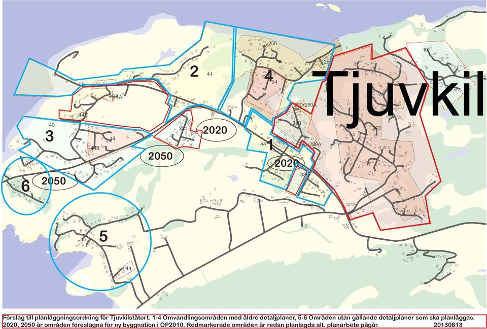 1-4 Omvandlingsområden med äldre detaljplaner, 5-6 Områden utan gällande