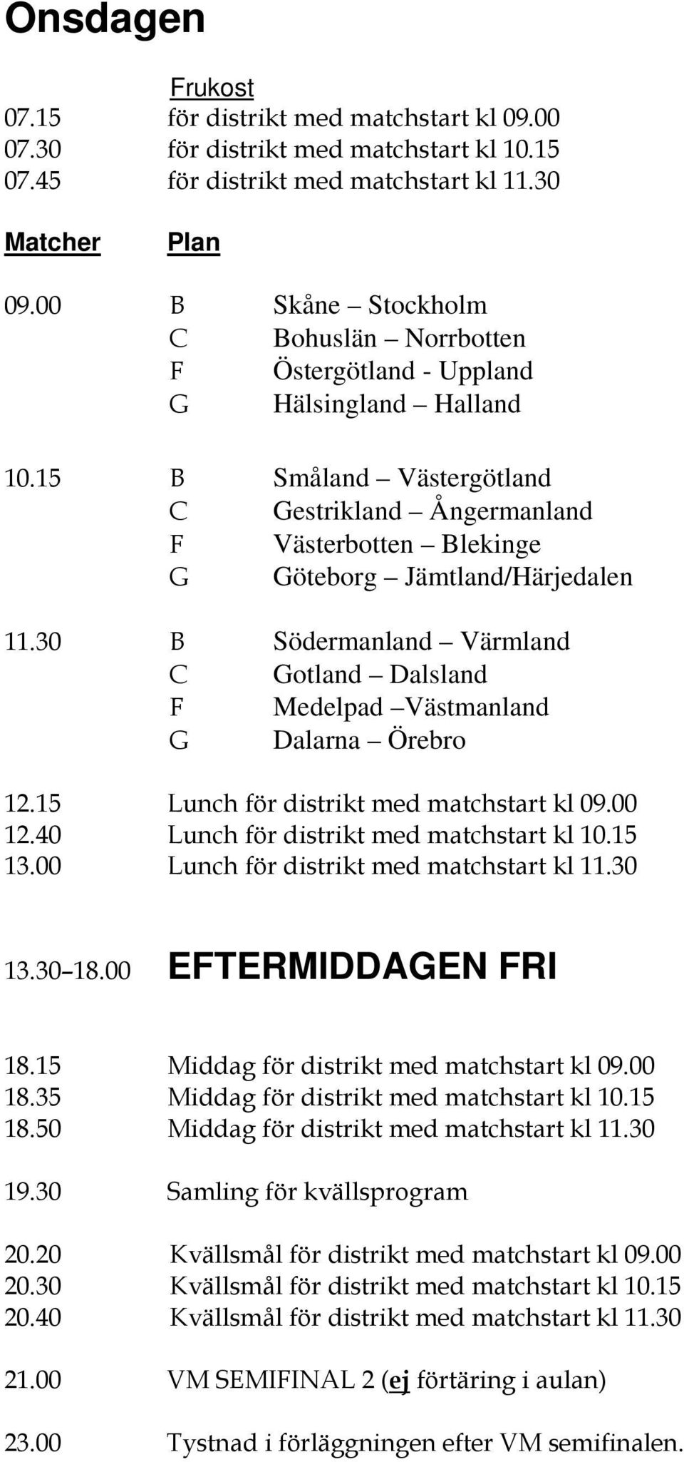 15 B Småland Västergötland C Gestrikland Ångermanland F Västerbotten Blekinge G Göteborg Jämtland/Härjedalen 11.