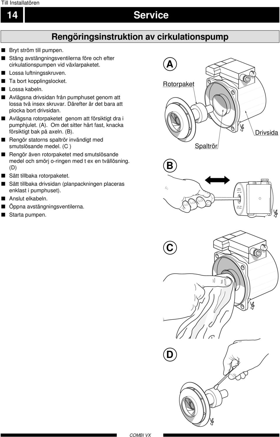 Avlägsna rotorpaketet genom att försiktigt dra i pumphjulet. (A). Om det sitter hårt fast, knacka försiktigt bak på axeln. (B). Rengör statorns spaltrör invändigt med smutslösande medel.