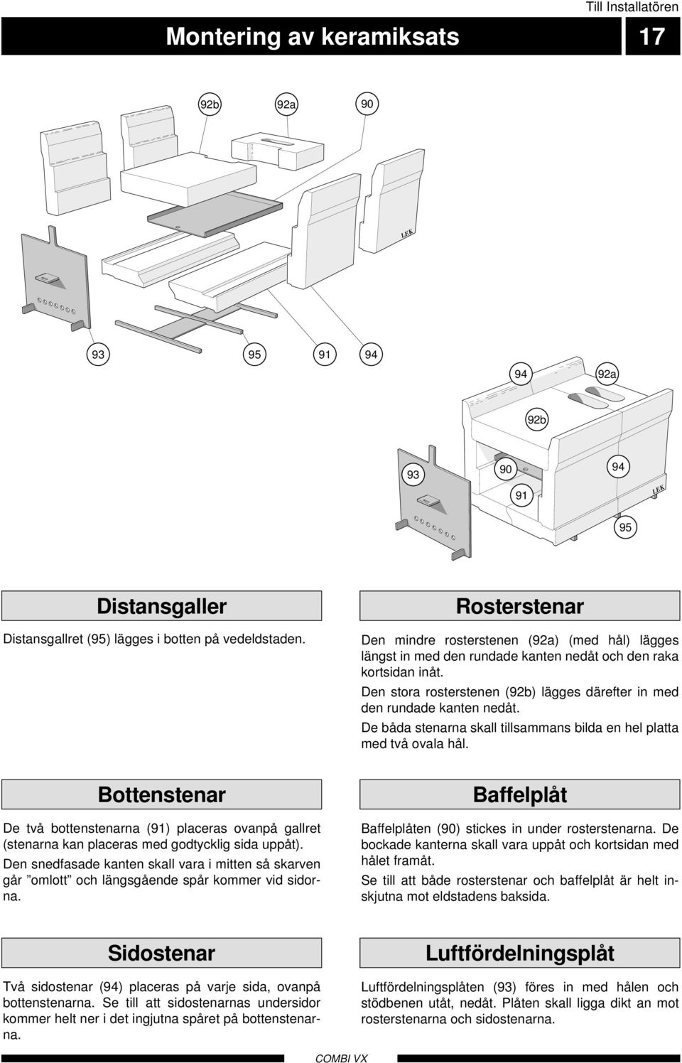 Den stora rosterstenen (92b) lägges därefter in med den rundade kanten nedåt. De båda stenarna skall tillsammans bilda en hel platta med två ovala hål.