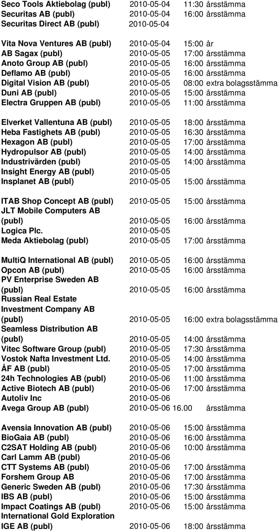 (publ) 2010-05-05 15:00 årsstämma Electra Gruppen AB (publ) 2010-05-05 11:00 årsstämma Elverket Vallentuna AB (publ) 2010-05-05 18:00 årsstämma Heba Fastighets AB (publ) 2010-05-05 16:30 årsstämma