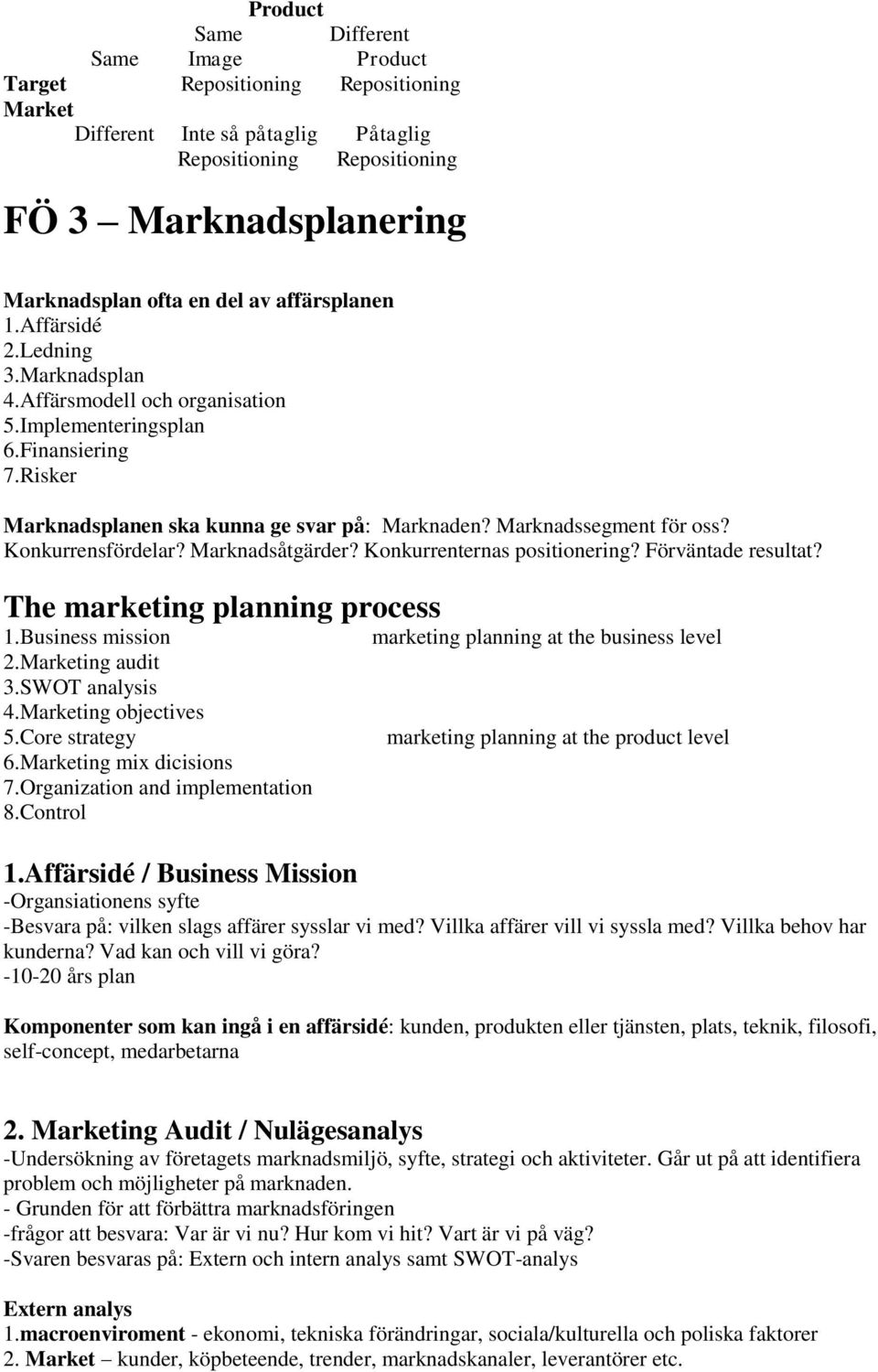 Konkurrensfördelar? Marknadsåtgärder? Konkurrenternas positionering? Förväntade resultat? The marketing planning process 1.Business mission 2.Marketing audit 3.SWOT analysis 4.Marketing objectives 5.