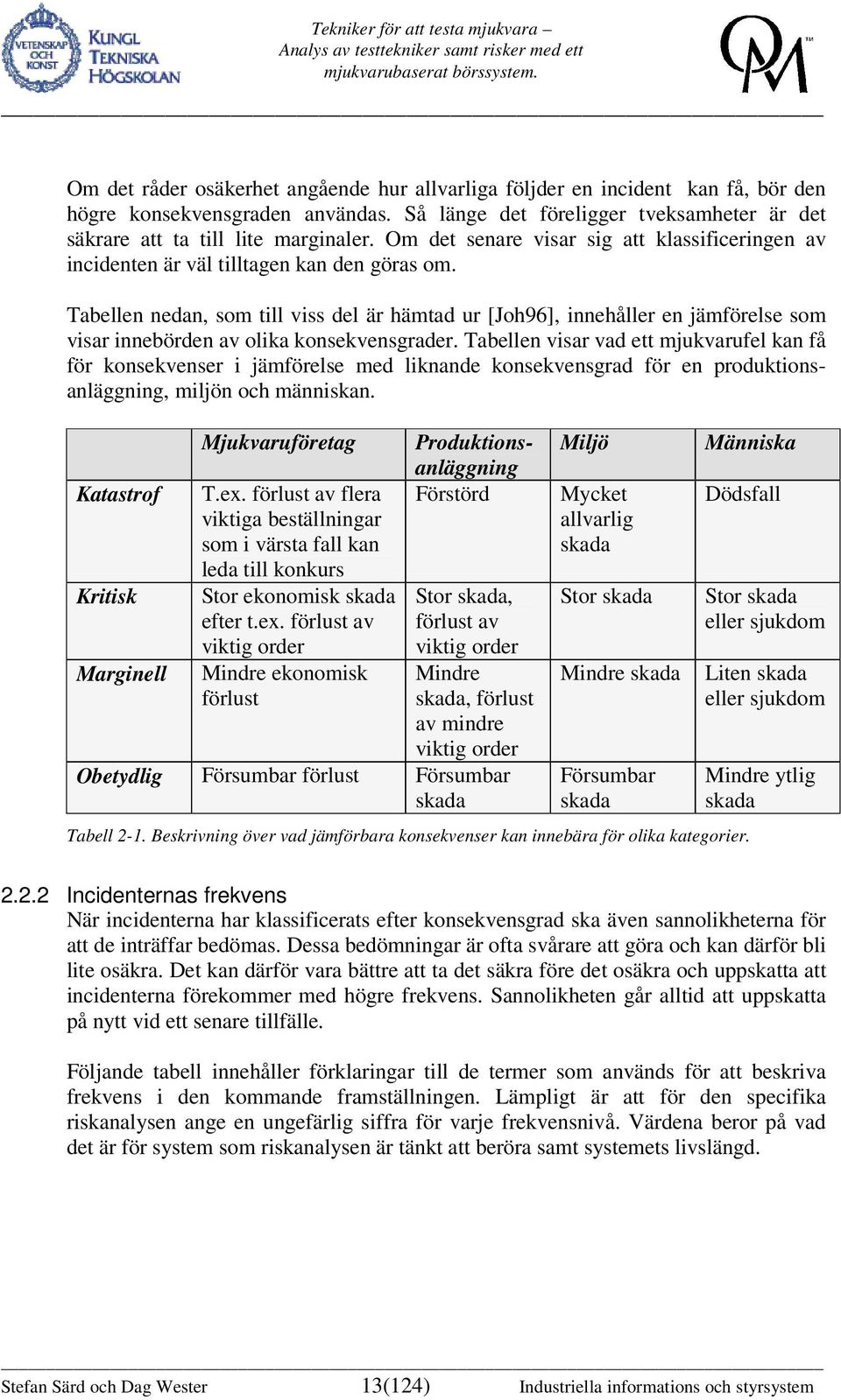 Tabellen nedan, som till viss del är hämtad ur [Joh96], innehåller en jämförelse som visar innebörden av olika konsekvensgrader.