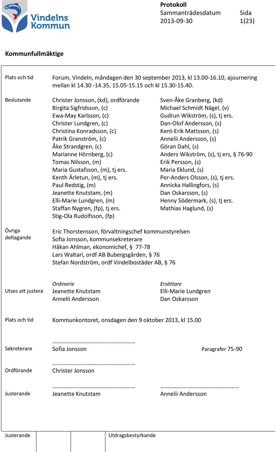 Christer Lundgren, (c) Dan-Olof Andersson, (s) Christina Konradsson, (c) Kent-Erik Mattsson, (s) Patrik Granström, (c) Åke Strandgren, (c) Annelii Andersson, (s) Göran Dahl, (s) Marianne Hörnberg,