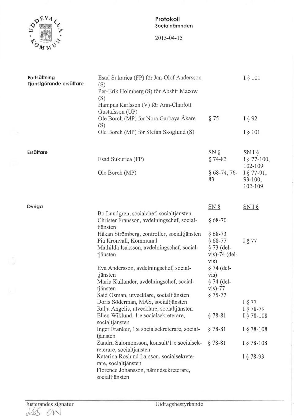 Övriga Bo Lundgren, socialchef, socialtjänsten Christer Fransson, avdelningschef, socialtjänsten Håkan Strömberg, controller, socialtjänsten Pia Kronvall, Kommunal Mathilda Isaksson, avdelningschef,