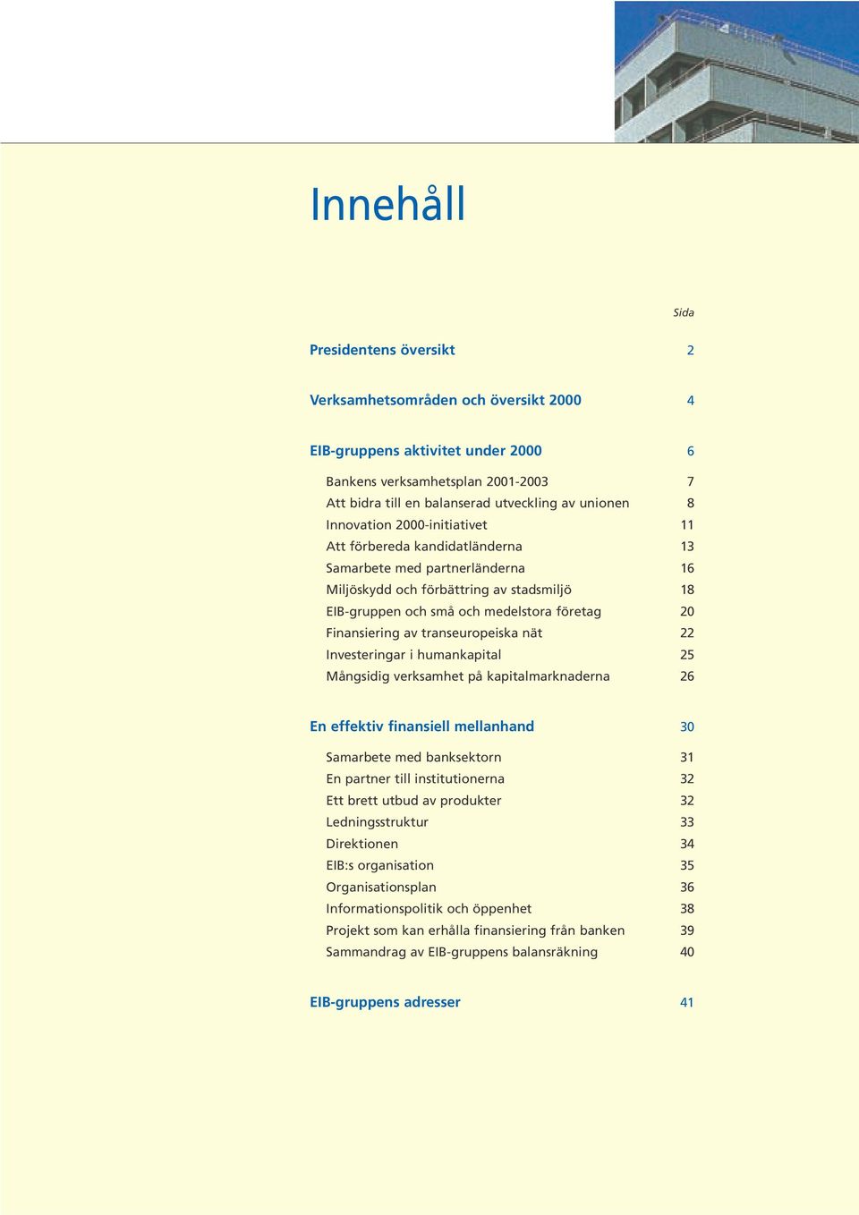 Finansiering av transeuropeiska nät 22 Investeringar i humankapital 25 Mångsidig verksamhet på kapitalmarknaderna 26 En effektiv finansiell mellanhand 30 Samarbete med banksektorn 31 En partner till