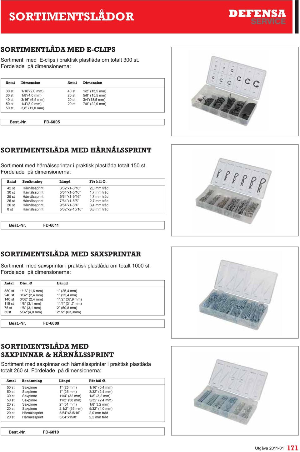 FD-6005 SORTIMENTSLÅDA MED HÅRNÅLSSPRINT Sortiment med hårnålssprintar i praktisk plastlåda totalt 150 st. Benämning Längd För hål Ø.