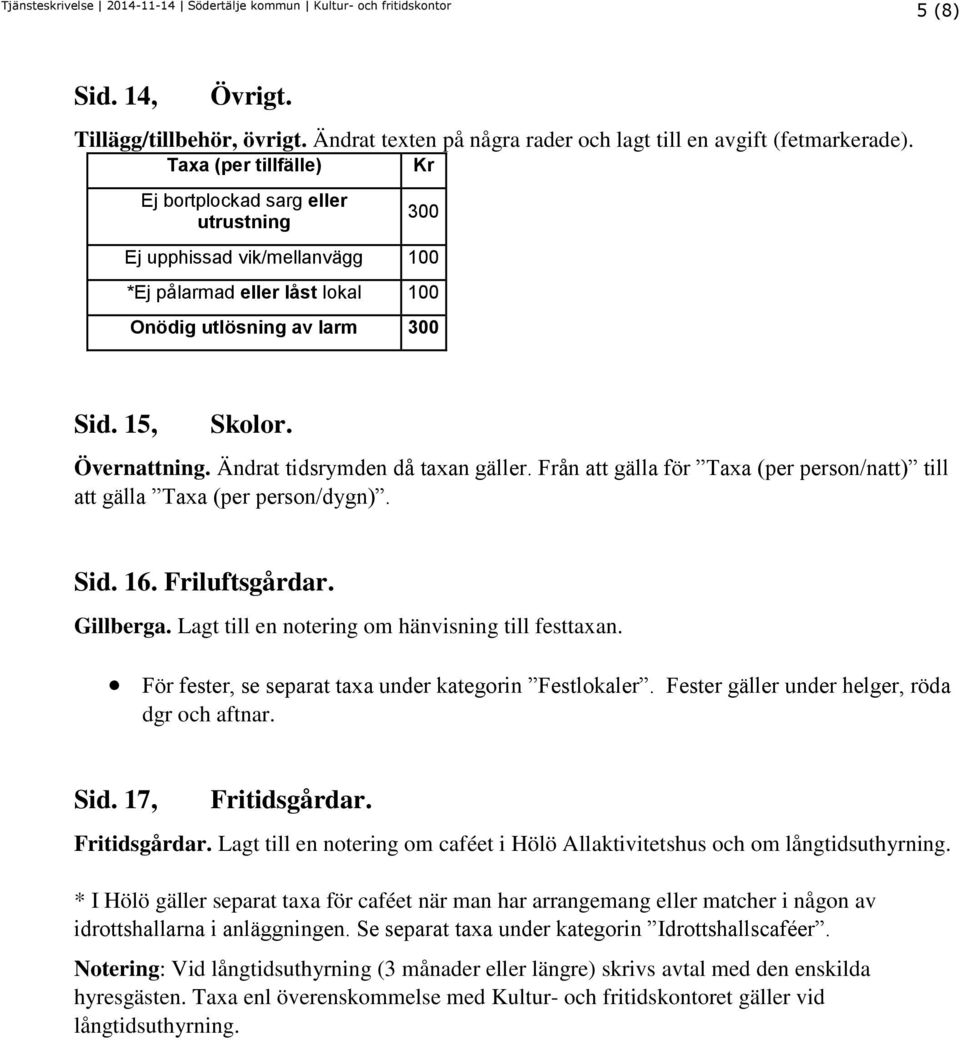 Ändrat tidsrymden då taxan gäller. Från att gälla för Taxa (per person/natt) till att gälla Taxa (per person/dygn). Sid. 16. Friluftsgårdar. Gillberga.