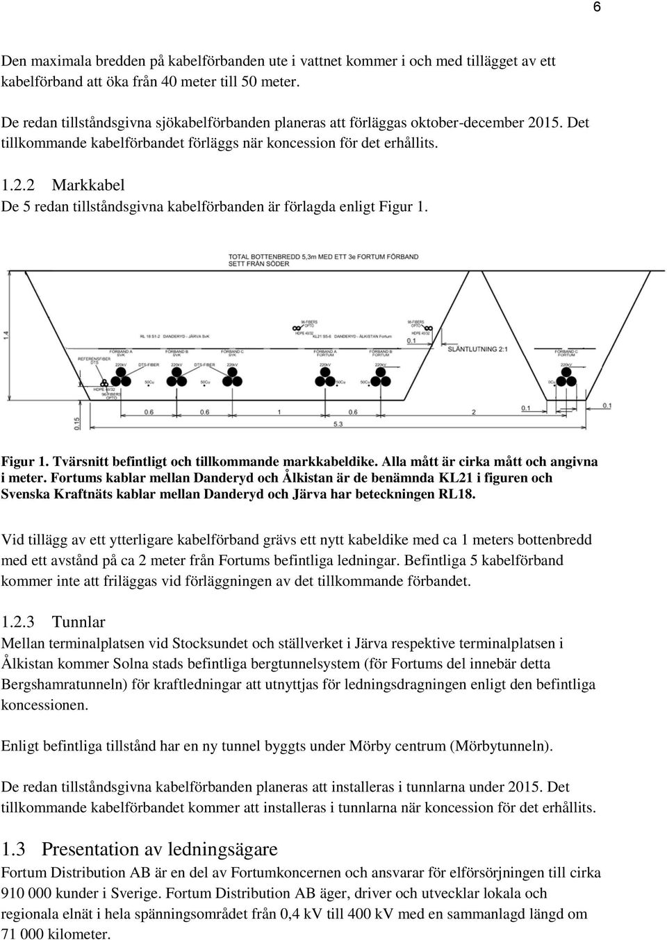 Figur 1. Tvärsnitt befintligt och tillkommande markkabeldike. Alla mått är cirka mått och angivna i meter.