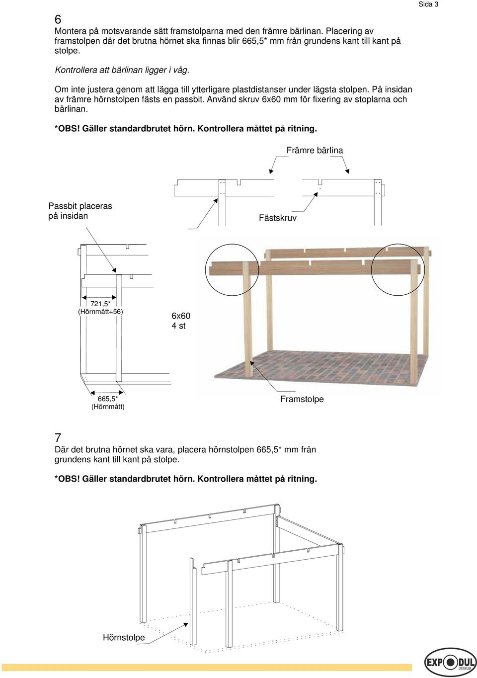 Använd skruv 6x60 mm för fixering av stoplarna och bärlinan. *OBS! Gäller standardbrutet hörn. Kontrollera måttet på ritning.