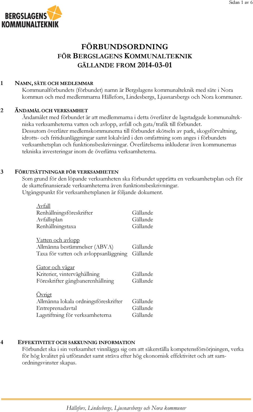 2 ÄNDAMÅL OCH VERKSAMHET Ändamålet med förbundet är att medlemmarna i detta överlåter de lagstadgade kommunaltekniska verksamheterna vatten och avlopp, avfall och gata/trafik till förbundet.