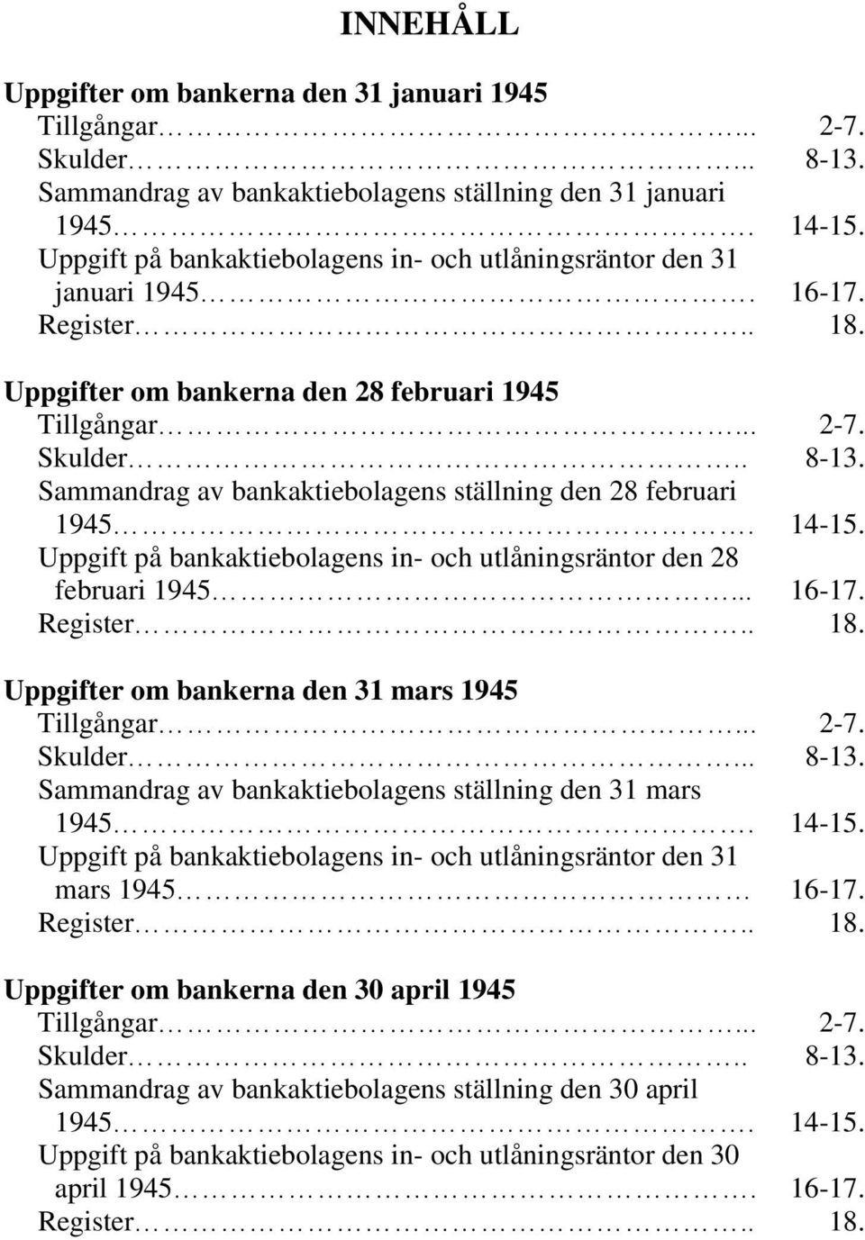 Sammandrag av bankaktiebolagens ställning den 28 februari 1945. 14-15. Uppgift på bankaktiebolagens in- och utlåningsräntor den 28 februari 1945... 16-17. Register.. 18.