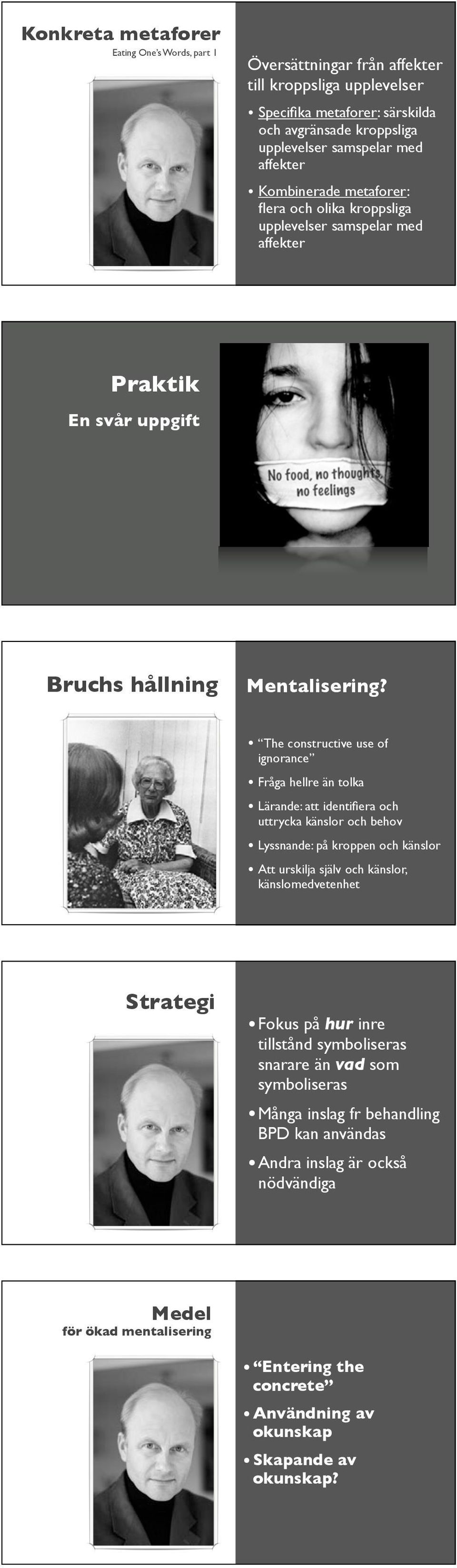 The constructive use of ignorance Fråga hellre än tolka Lärande: att identifiera och uttrycka känslor och behov Lyssnande: på kroppen och känslor Att urskilja själv och känslor, känslomedvetenhet