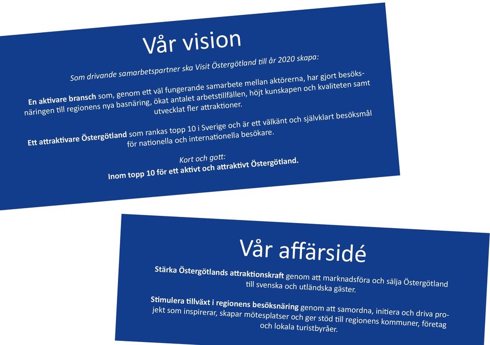 Ett attraktivare Östergötland som rankas topp 10 i Sverige och är ett välkänt och självklart besöksmål för nationella och internationella besökare.