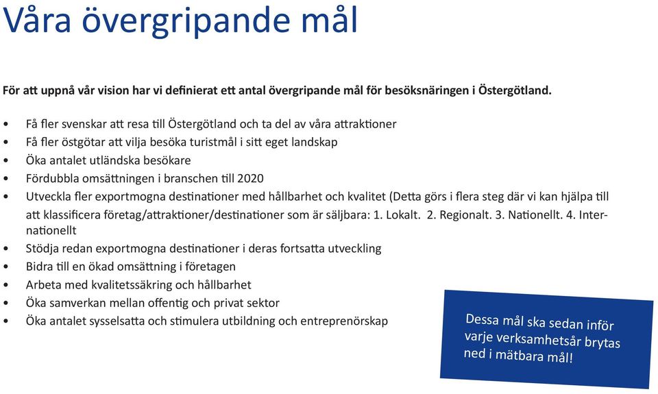 branschen till 2020 Utveckla fler exportmogna destinationer med hållbarhet och kvalitet (Detta görs i flera steg där vi kan hjälpa till att klassificera företag/attraktioner/destinationer som är