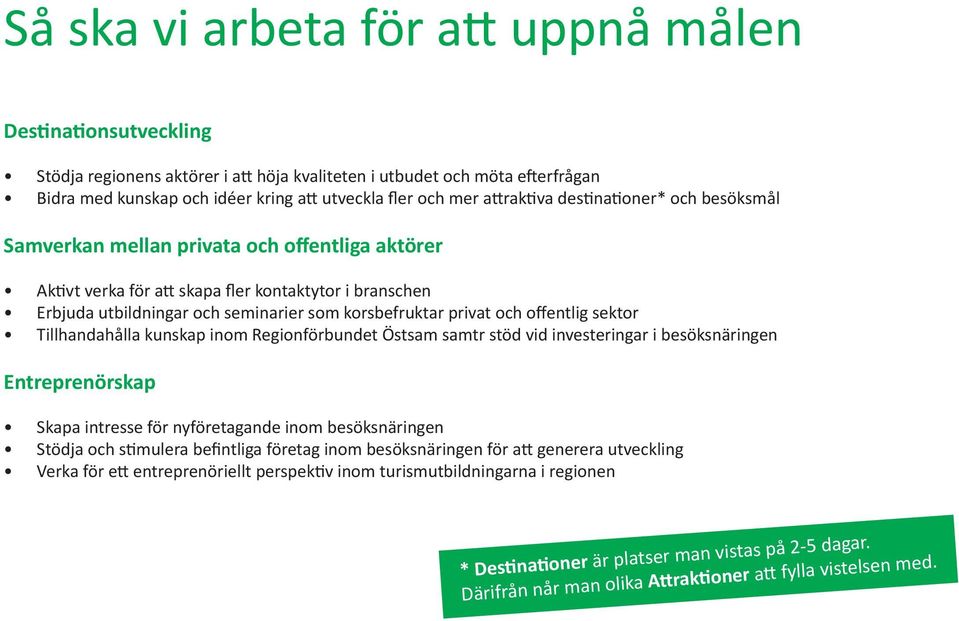 privat och offentlig sektor Tillhandahålla kunskap inom Regionförbundet Östsam samtr stöd vid investeringar i besöksnäringen Entreprenörskap Skapa intresse för nyföretagande inom besöksnäringen