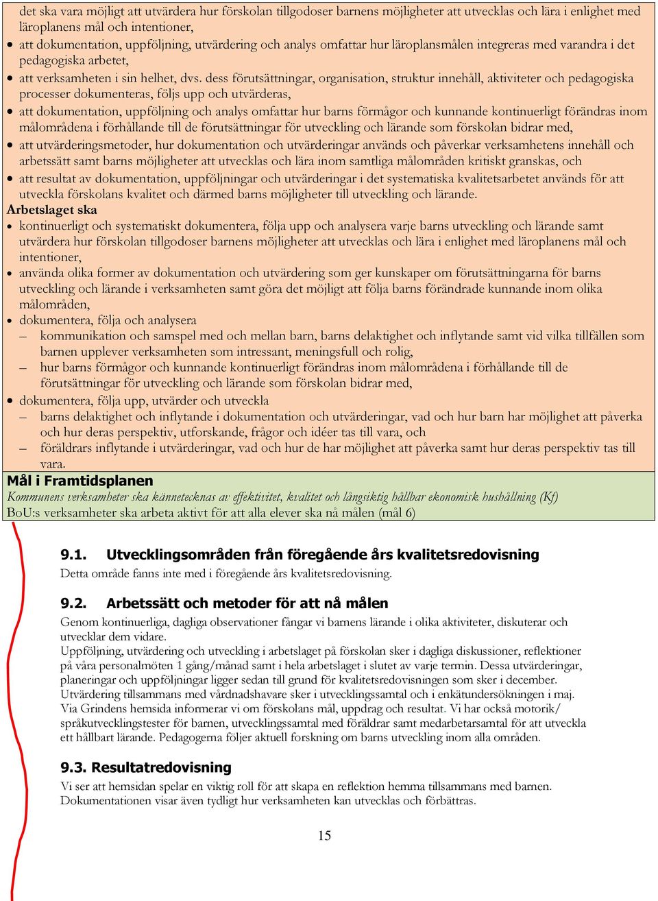 dess förutsättningar, organisation, struktur innehåll, aktiviteter och pedagogiska processer dokumenteras, följs upp och utvärderas, att dokumentation, uppföljning och analys omfattar hur barns