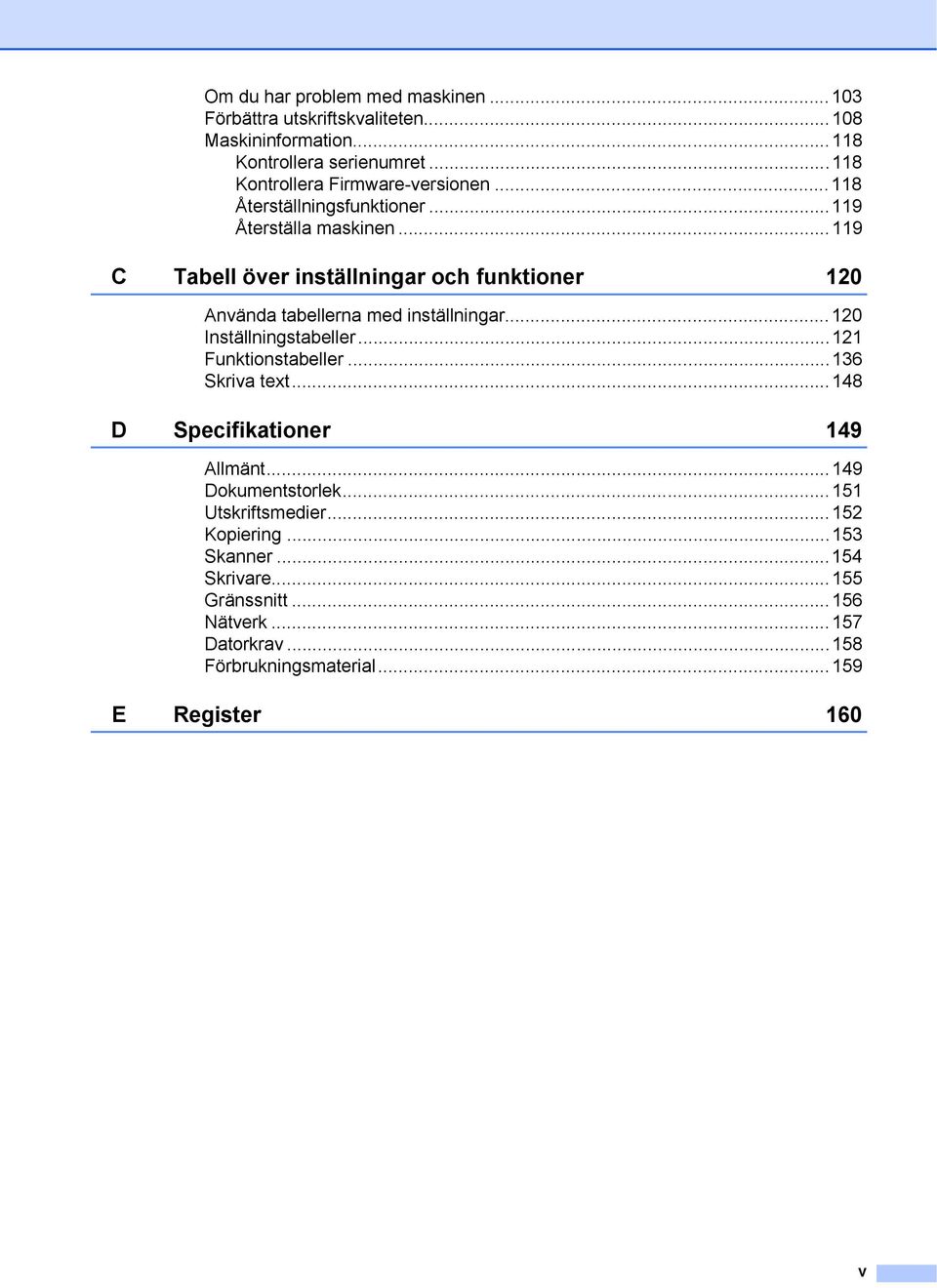 ..119 C Tabell över inställningar och funktioner 120 Använda tabellerna med inställningar...120 Inställningstabeller...121 Funktionstabeller.