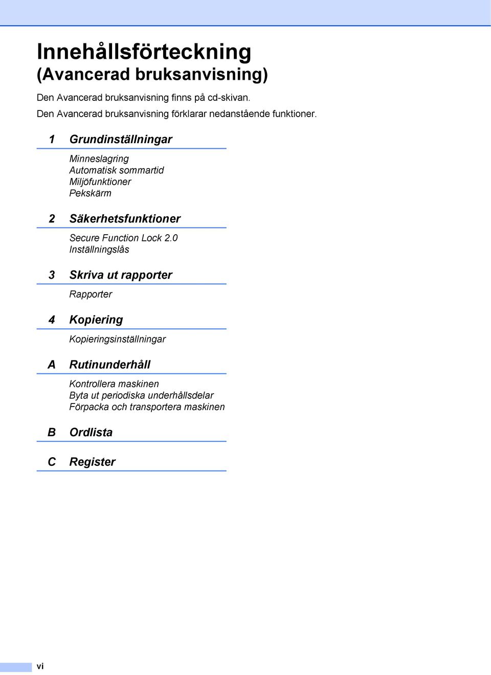 1 Grundinställningar Minneslagring Automatisk sommartid Miljöfunktioner Pekskärm 2 Säkerhetsfunktioner Secure Function Lock 2.