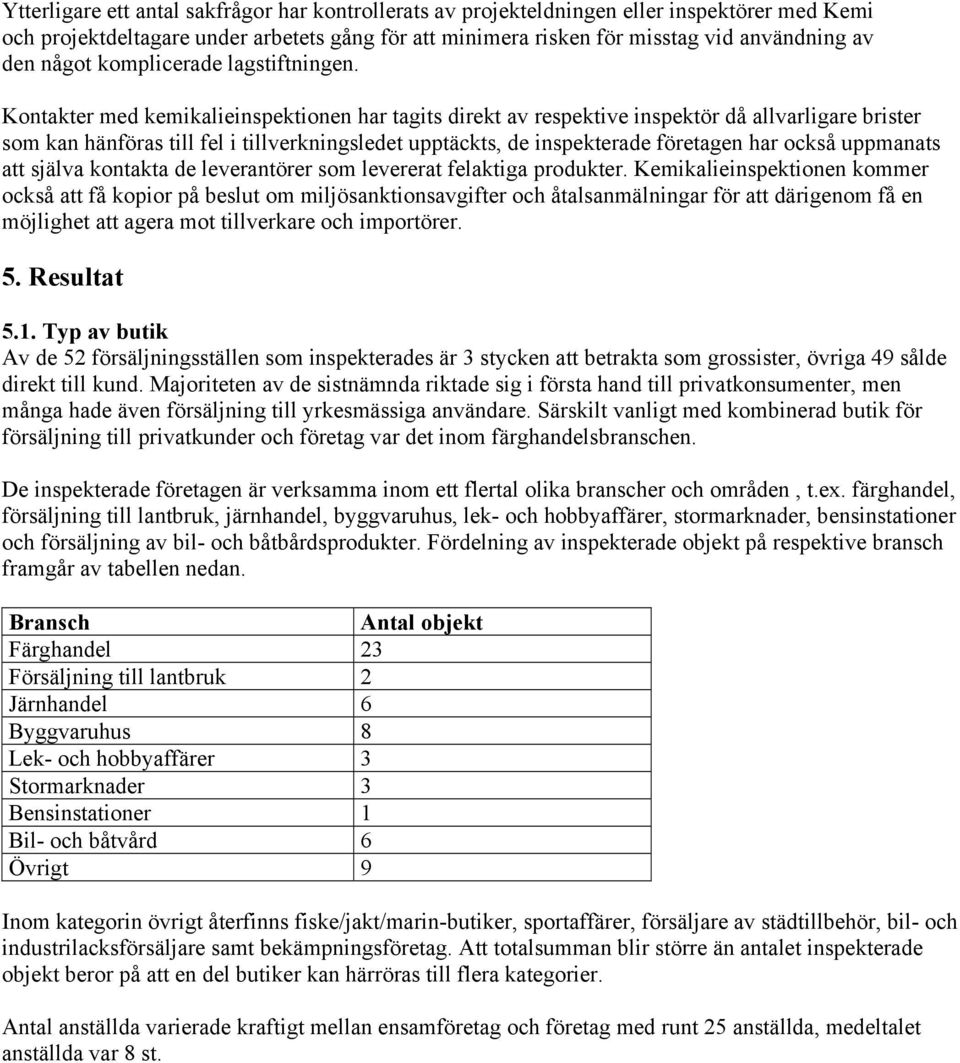 Kontakter med kemikalieinspektionen har tagits direkt av respektive inspektör då allvarligare brister som kan hänföras till fel i tillverkningsledet upptäckts, de inspekterade företagen har också