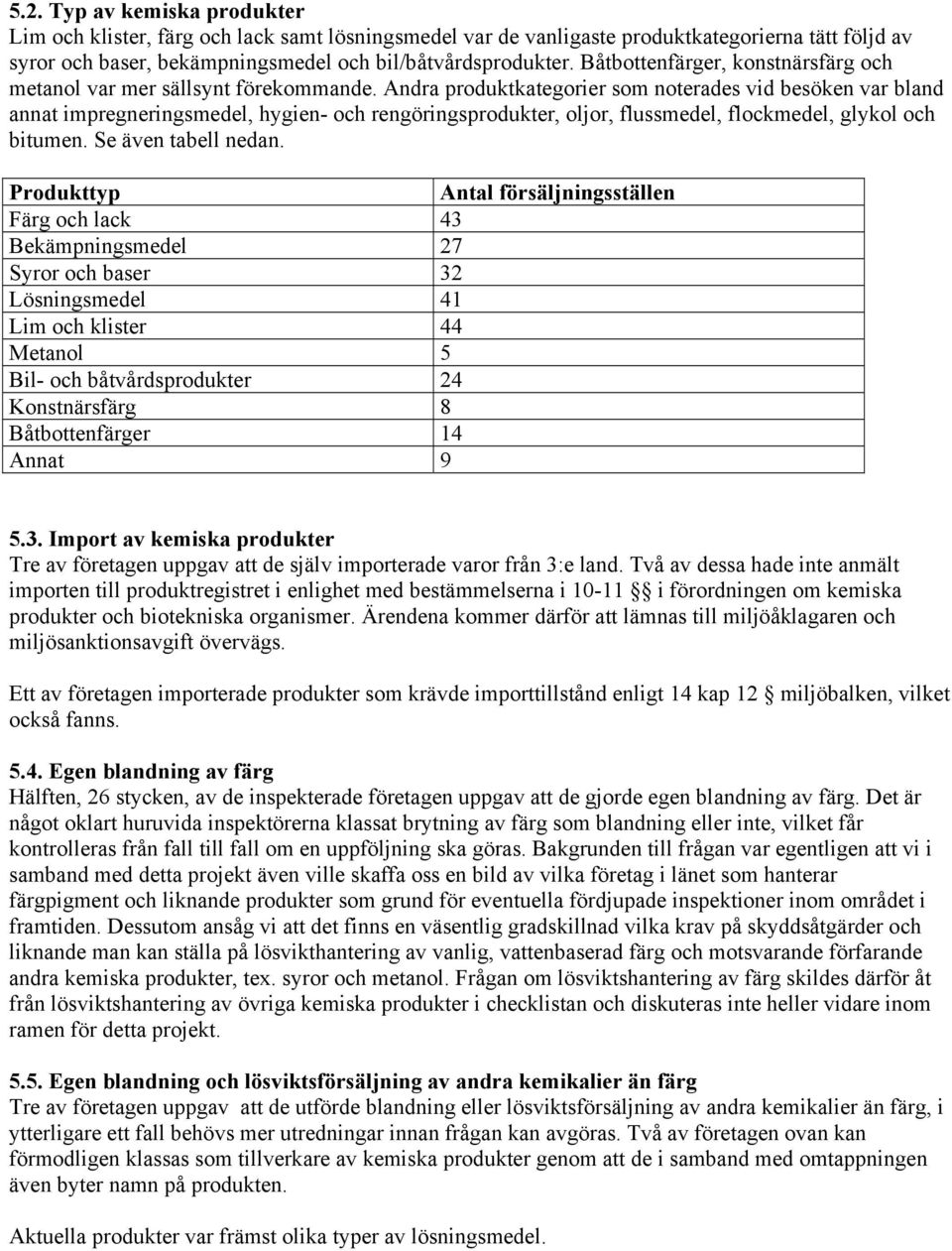 Andra produktkategorier som noterades vid besöken var bland annat impregneringsmedel, hygien- och rengöringsprodukter, oljor, flussmedel, flockmedel, glykol och bitumen. Se även tabell nedan.