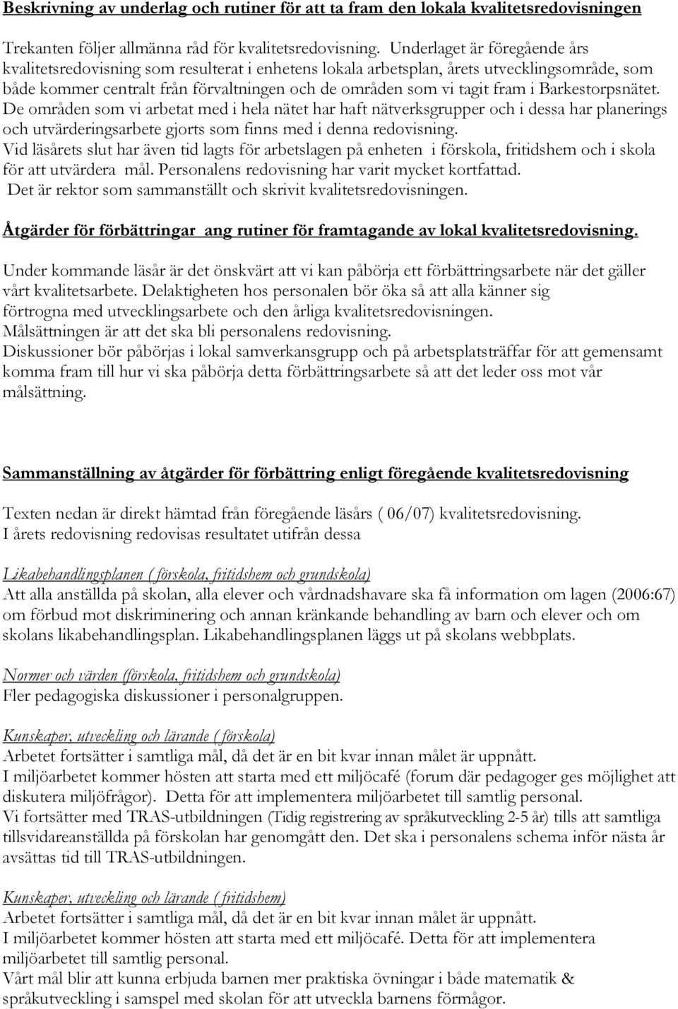 Barkestorpsnätet. De områden som vi arbetat med i hela nätet har haft nätverksgrupper och i dessa har planerings och utvärderingsarbete gjorts som finns med i denna redovisning.