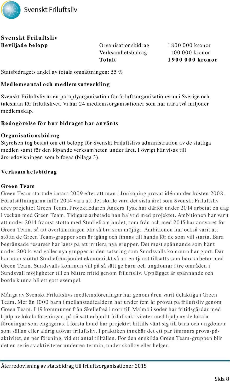 Redogörelse för hur bidraget har använts Styrelsen tog beslut om ett belopp för Svenskt Friluftslivs administration av de statliga medlen samt för den löpande verksamheten under året.