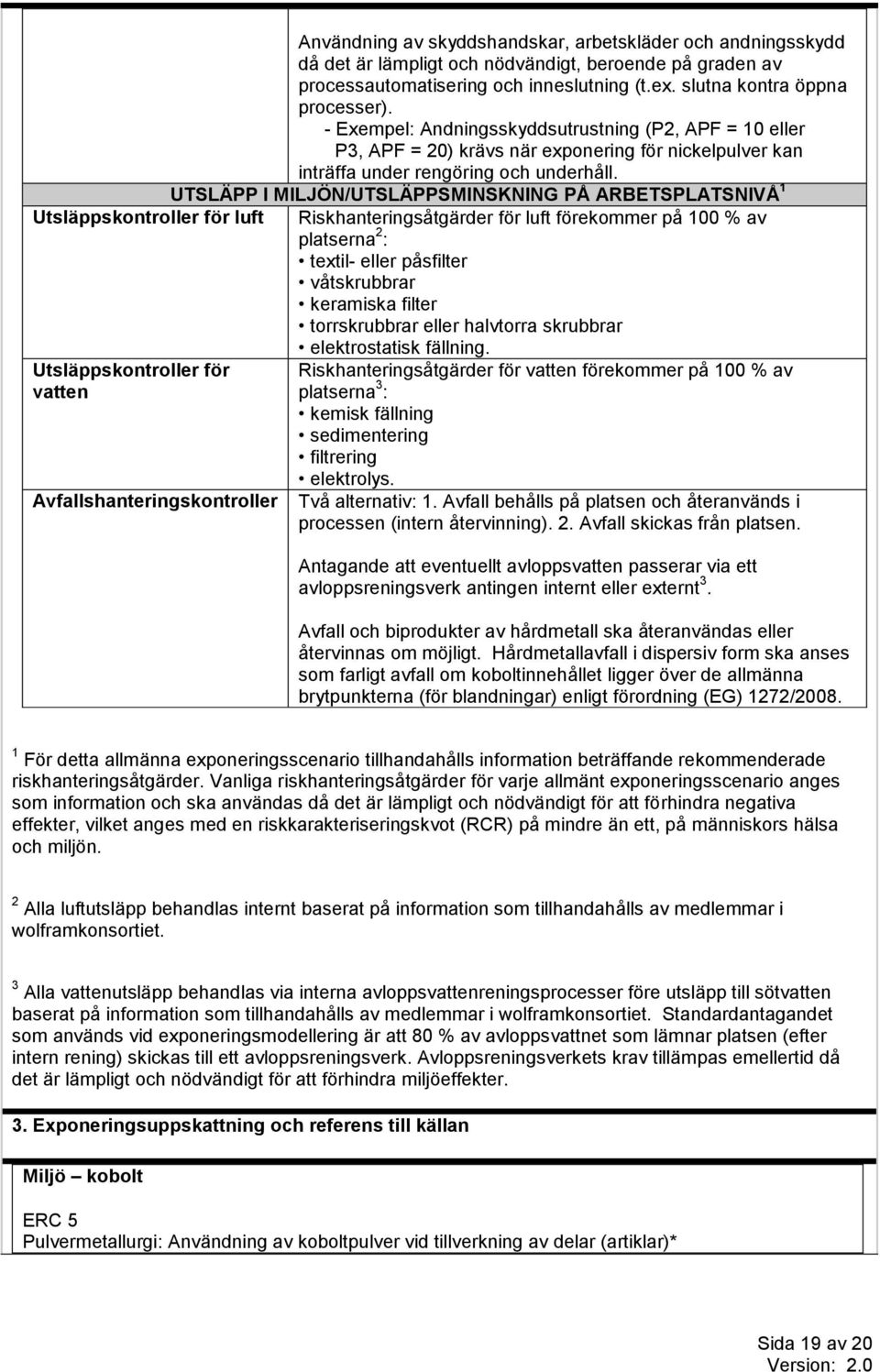 UTSLÄPP I MILJÖN/UTSLÄPPSMINSKNING PÅ ARBETSPLATSNIVÅ 1 Utsläppskontroller för luft Riskhanteringsåtgärder för luft förekommer på 100 % av platserna 2 : textil- eller påsfilter våtskrubbrar keramiska