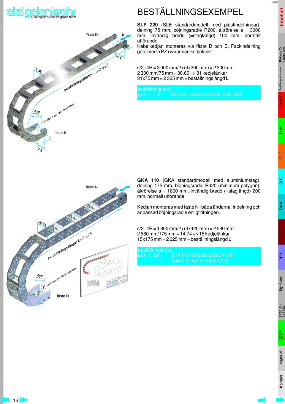 Fackindelning görs med 5 PZ i varannan kedjelänk: s/2+4r = 3 000 mm/2+(4x200 mm) = 2 300 mm 2 300 mm/75 mm = 30,66 => 31 kedjelänkar 31x75 mm = 2 325 mm = beställningslängd L beställningstext: pos 1: