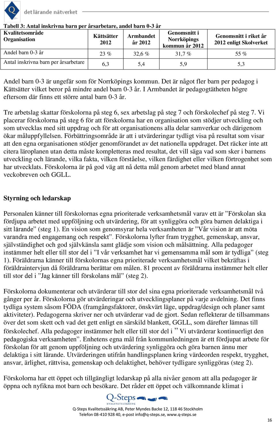 Det är något fler barn per pedagog i Kättsätter vilket beror på mindre andel barn 0-3 år. I Armbandet är pedagogtätheten högre eftersom där finns ett större antal barn 0-3 år.