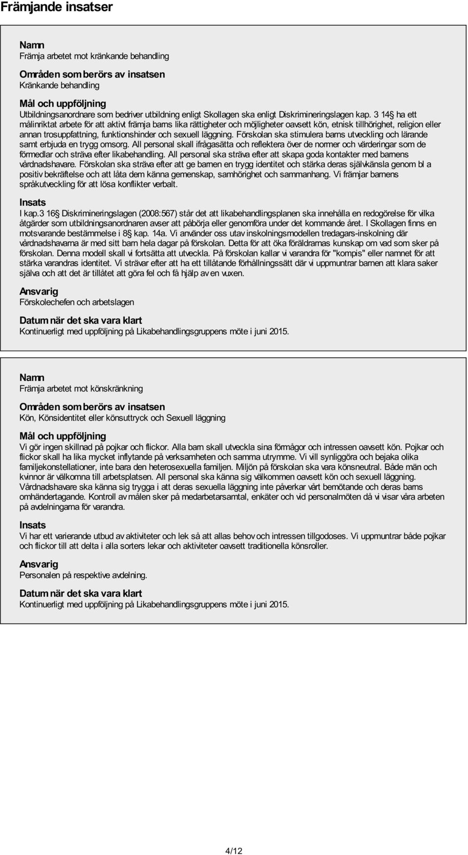 3 14 ha ett målinriktat arbete för att aktivt främja barns lika rättigheter och möjligheter oavsett kön, etnisk tillhörighet, religion eller annan trosuppfattning, funktionshinder och sexuell