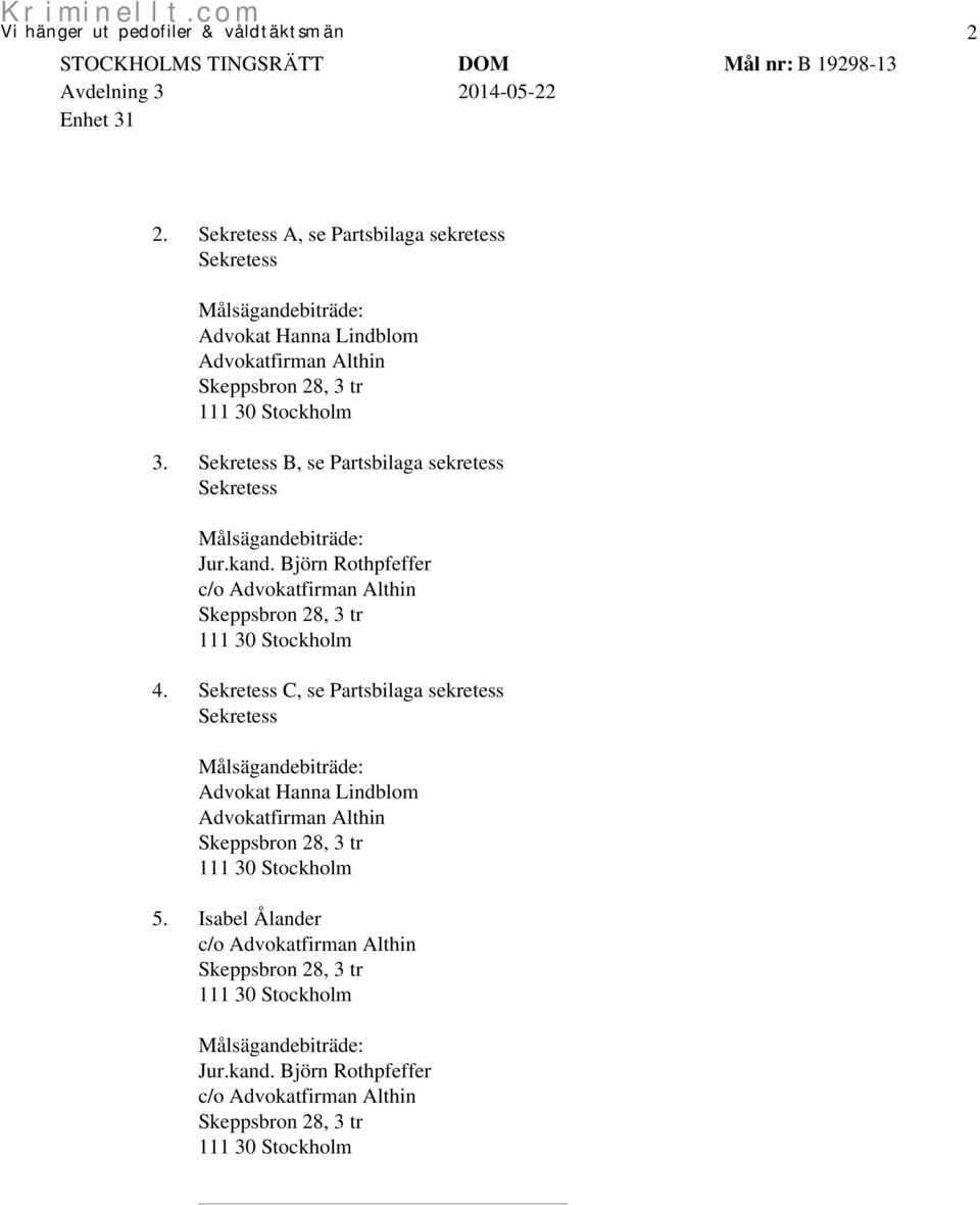 Sekretess B, se Partsbilaga sekretess Sekretess Målsägandebiträde: Jur.kand. Björn Rothpfeffer c/o Advokatfirman Althin Skeppsbron 28, 3 tr 111 30 Stockholm 4.