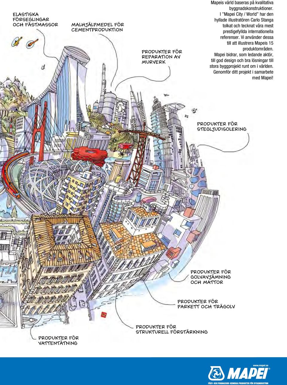 Vi använder dessa till att illustrera Mapeis 15 produktområden. Mapei bidrar, som ledande aktör, till god design och bra lösningar till stora byggprojekt runt om i världen.