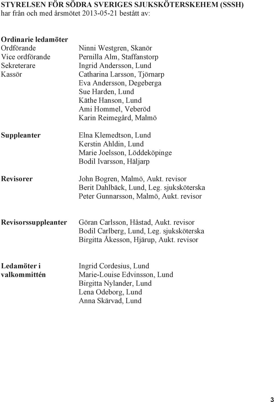 Elna Klemedtson, Lund Kerstin Ahldin, Lund Marie Joelsson, Löddeköpinge Bodil Ivarsson, Häljarp John Bogren, Malmö, Aukt. revisor Berit Dahlbäck, Lund, Leg.