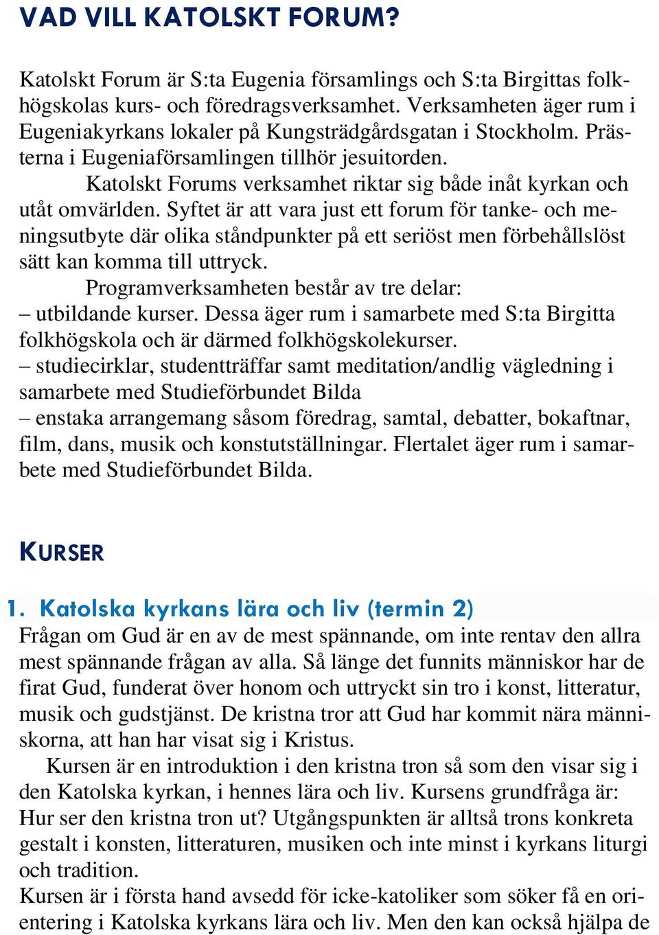 Katolskt Forums verksamhet riktar sig både inåt kyrkan och utåt omvärlden.