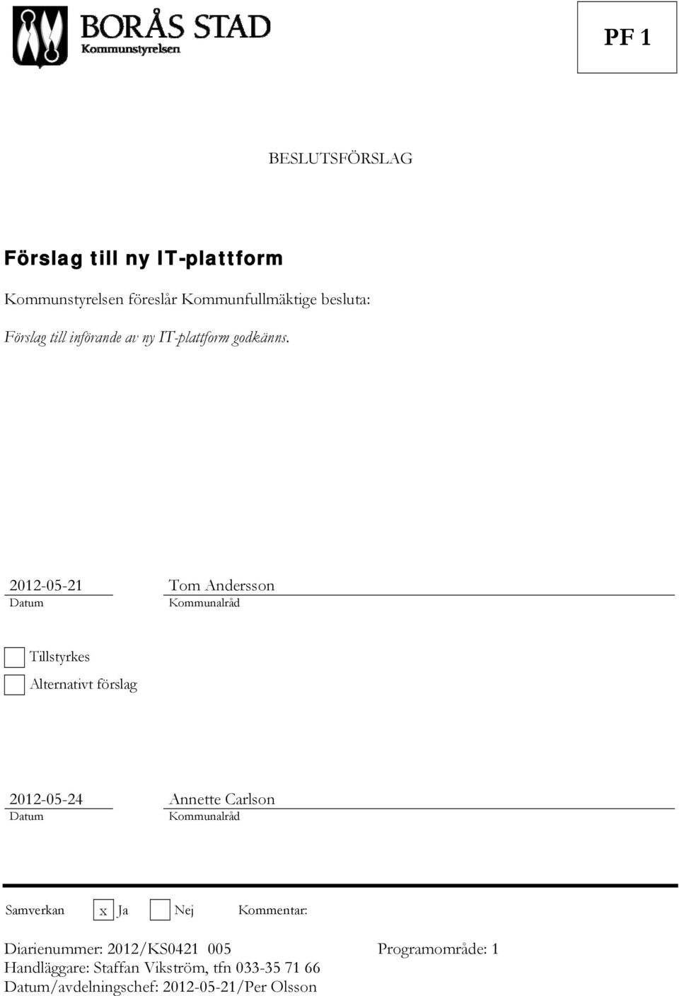 2012-05-21 Tom Andersson Datum Kommunalråd Tillstyrkes Alternativt förslag 2012-05-24 Annette Carlson Datum