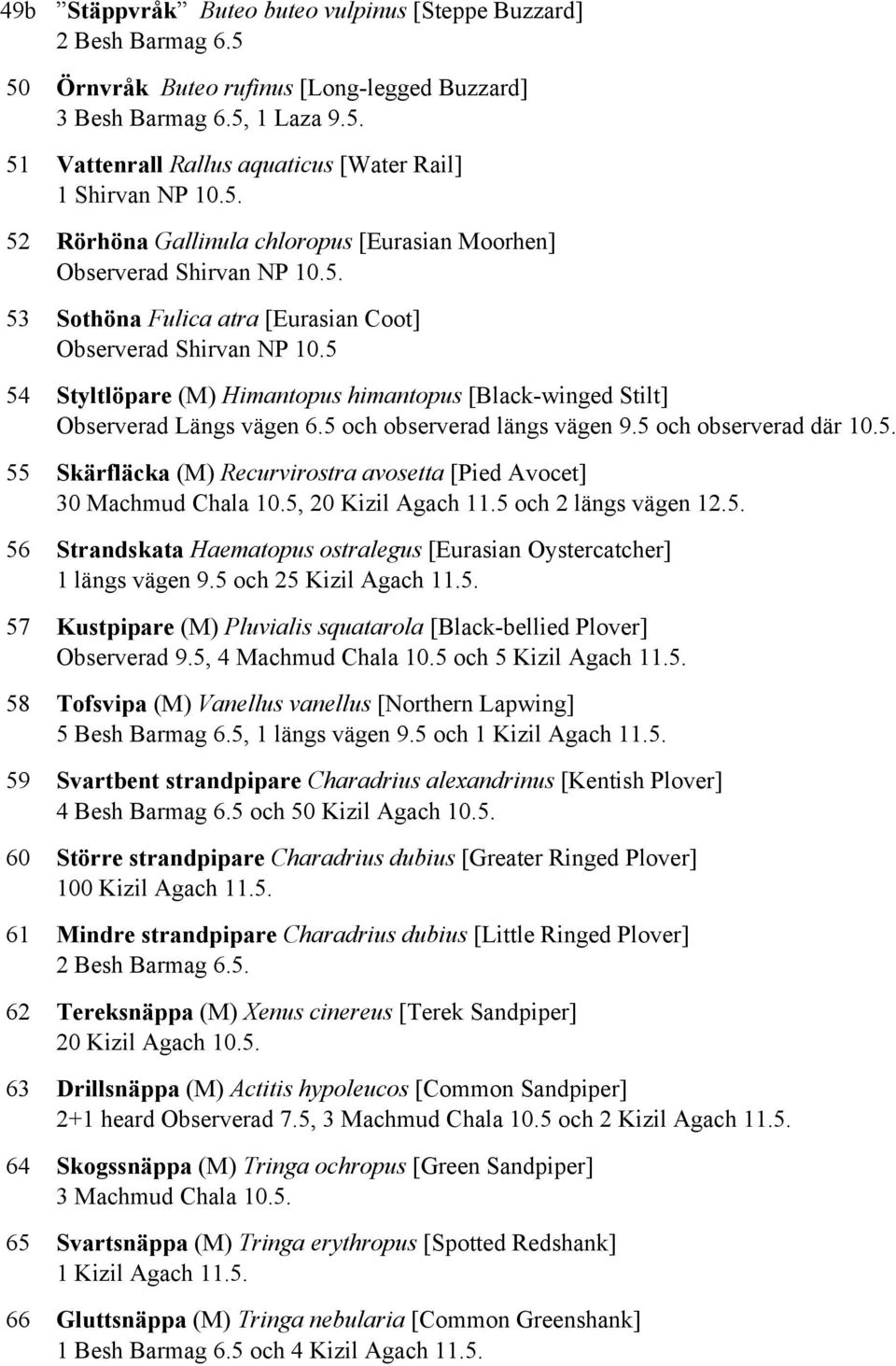 5 54 Styltlöpare (M) Himantopus himantopus [Black-winged Stilt] Observerad Längs vägen 6.5 och observerad längs vägen 9.5 och observerad där 10.5. 55 Skärfläcka (M) Recurvirostra avosetta [Pied Avocet] 30 Machmud Chala 10.