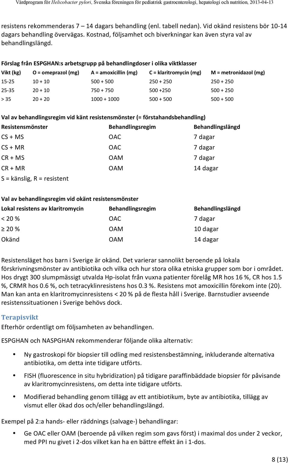 750+750 500+250 500+250 >35 20+20 1000+1000 500+500 500+500 Valavbehandlingsregimvidkäntresistensmönster(=förstahandsbehandling) Resistensmönster Behandlingsregim Behandlingslängd CS+MS OAC 7dagar